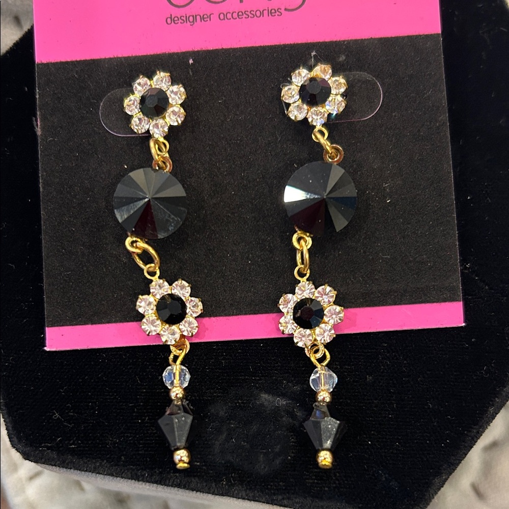 Black & Clear Crystal with Gold Dangle Earrings-NWT